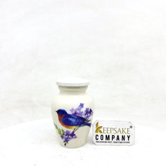 Small Urns for Ashes - Tranquil Seascape Small Urn for Ashes - Artistic White Vessel with Blue Bird Imagery, Thoughtful Remembrance Gift