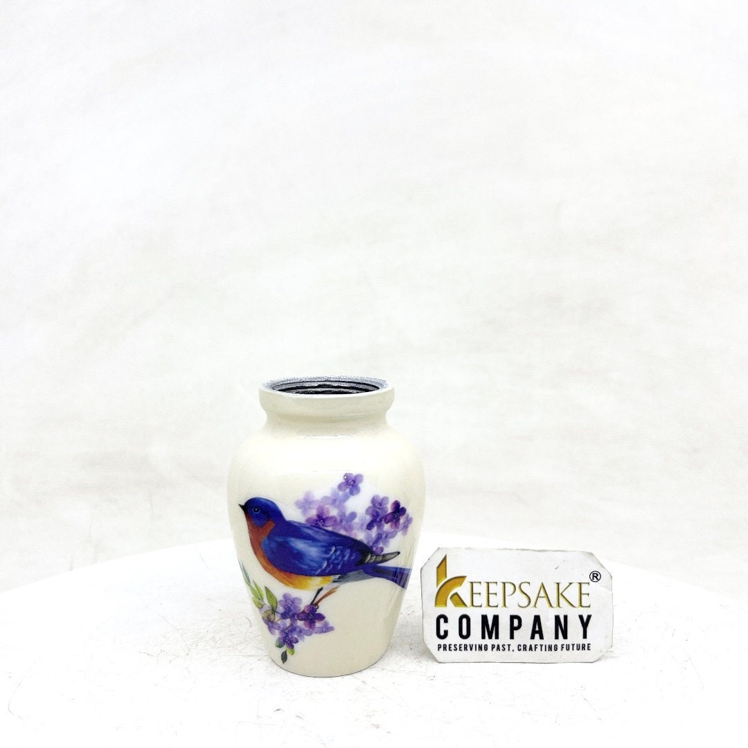 Small Urns for Ashes - Tranquil Seascape Small Urn for Ashes - Artistic White Vessel with Blue Bird Imagery, Thoughtful Remembrance Gift