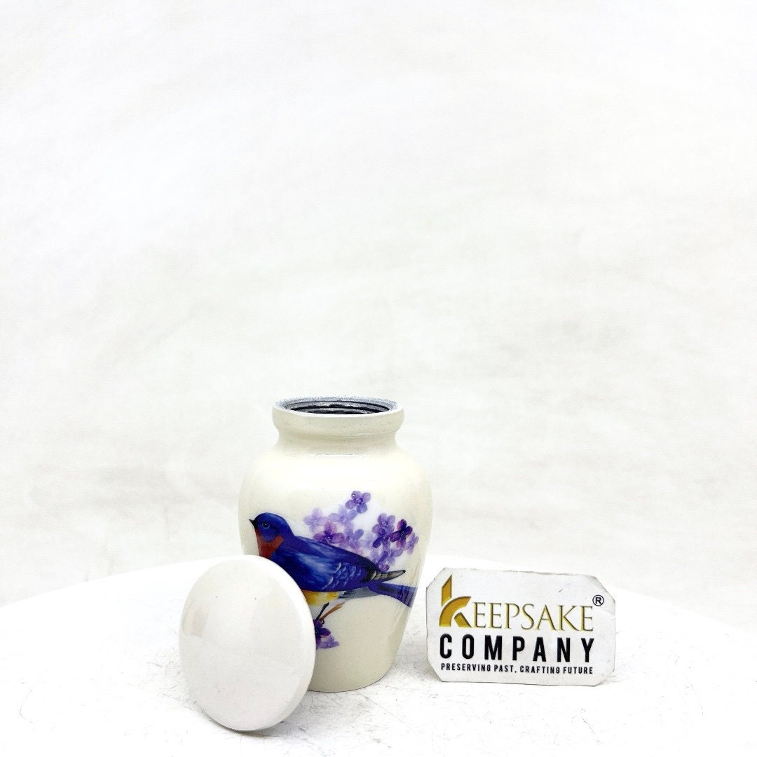 Small Urns for Ashes - Tranquil Seascape Small Urn for Ashes - Artistic White Vessel with Blue Bird Imagery, Thoughtful Remembrance Gift