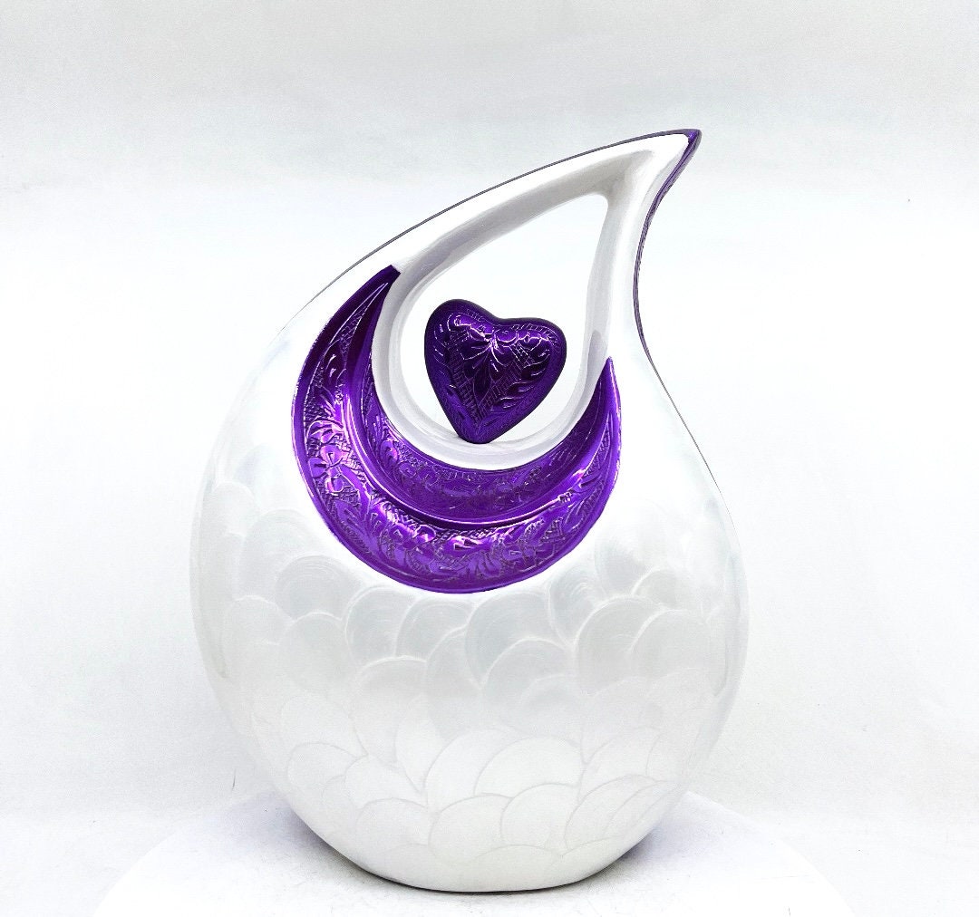 White with Purple Heart and Neck Cremation Urn - Personalized Urn Memorial Urn For Funeral - Urns For Human Ashes - Ash Urn - Urns for Ash
