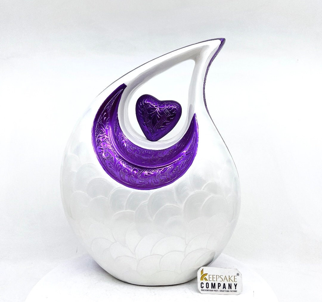 White with Purple Heart and Neck Cremation Urn - Personalized Urn Memorial Urn For Funeral - Urns For Human Ashes - Ash Urn - Urns for Ash