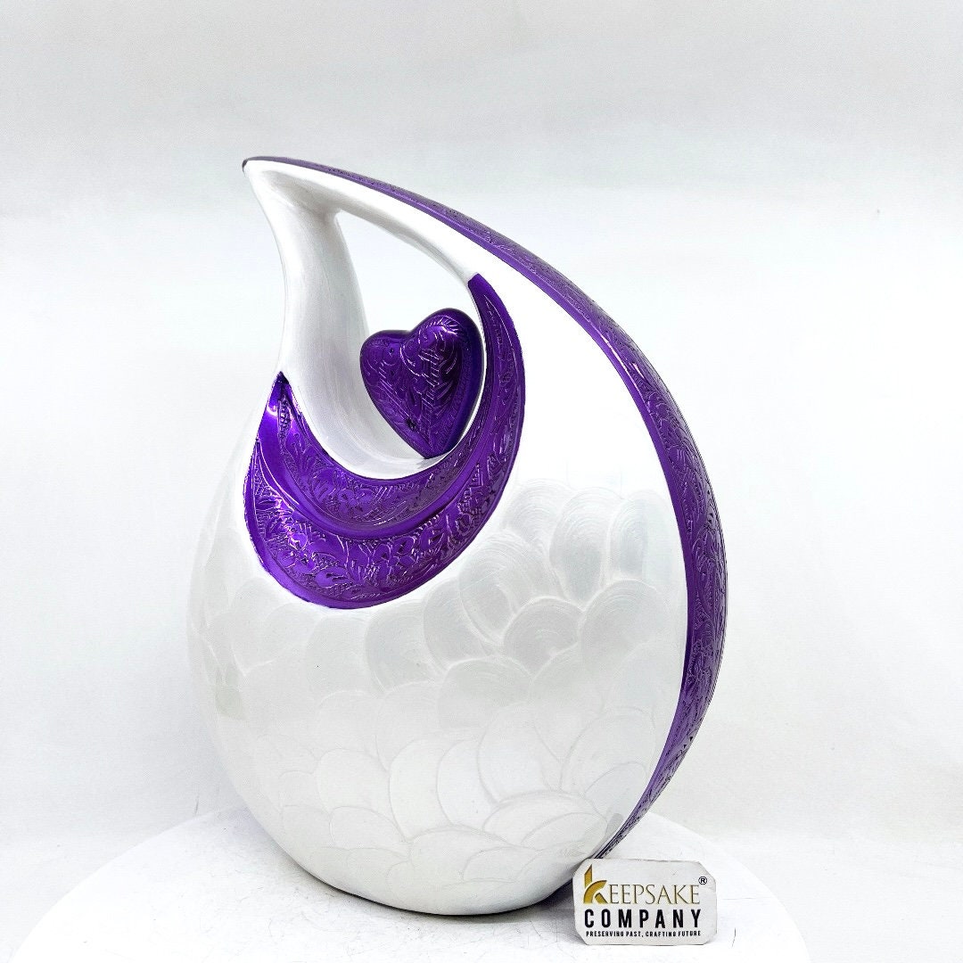 White with Purple Heart and Neck Cremation Urn - Personalized Urn Memorial Urn For Funeral - Urns For Human Ashes - Ash Urn - Urns for Ash