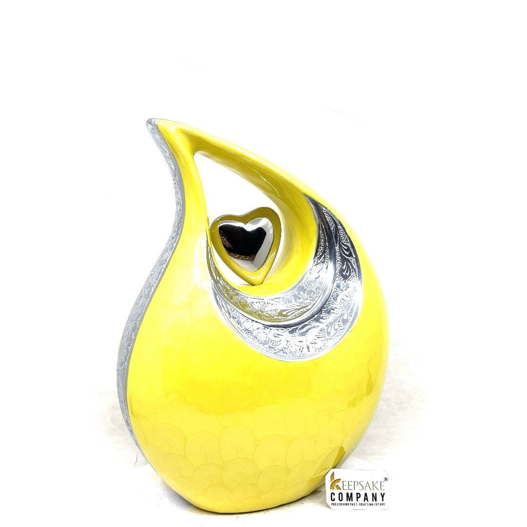 Yellow Color Teardrop Urn - Customizable Heart Insert & Font, 10" Large 2.5L Capacity for Ashes, Memorable Sympathy Gift - Urn for Ashes
