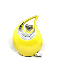 Yellow Color Teardrop Urn - Customizable Heart Insert & Font, 10" Large 2.5L Capacity for Ashes, Memorable Sympathy Gift - Urn for Ashes