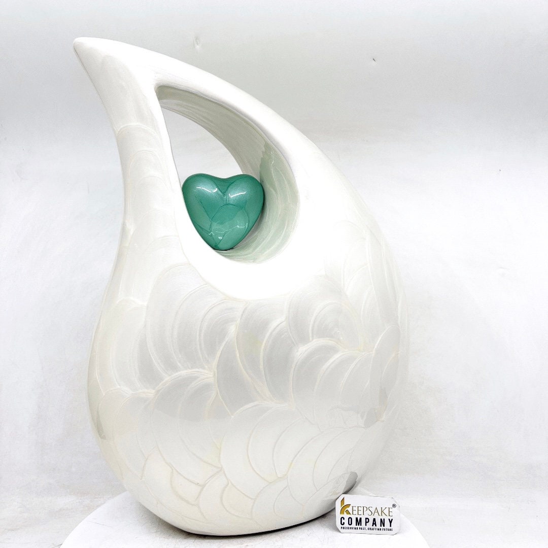 Elegant White Teardrop Urn - Personalize Heart & Text, 13-Inch Memorial Vessel, 5 L Bereavement or Funeral Keepsake , Urn for Human Ashes