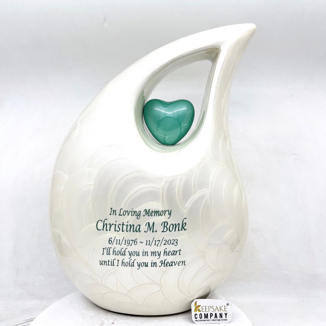 Elegant White Teardrop Urn - Personalize Heart & Text, 13-Inch Memorial Vessel, 5 L Bereavement or Funeral Keepsake , Urn for Human Ashes