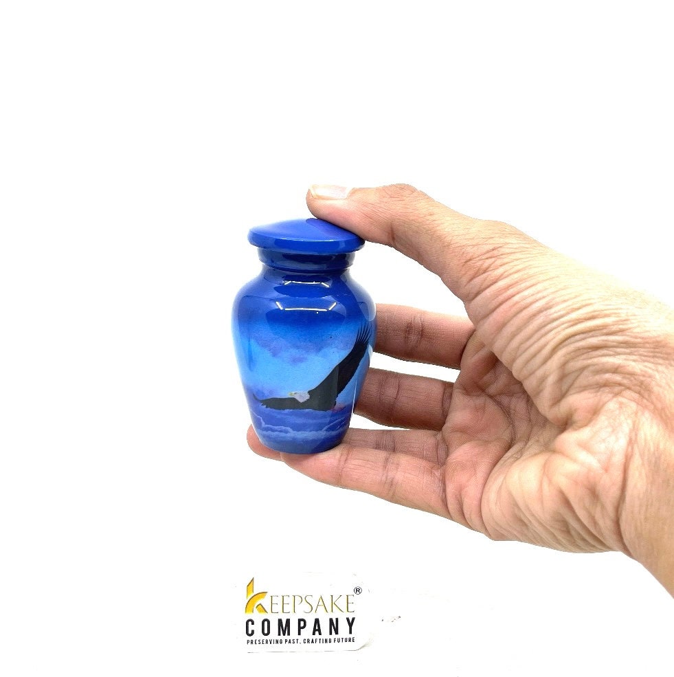 Small Urns for Ashes - Tranquil Seascape Small Urn for Ashes - Artistic Blue Vessel with Eagle Imagery, Thoughtful Remembrance Gift