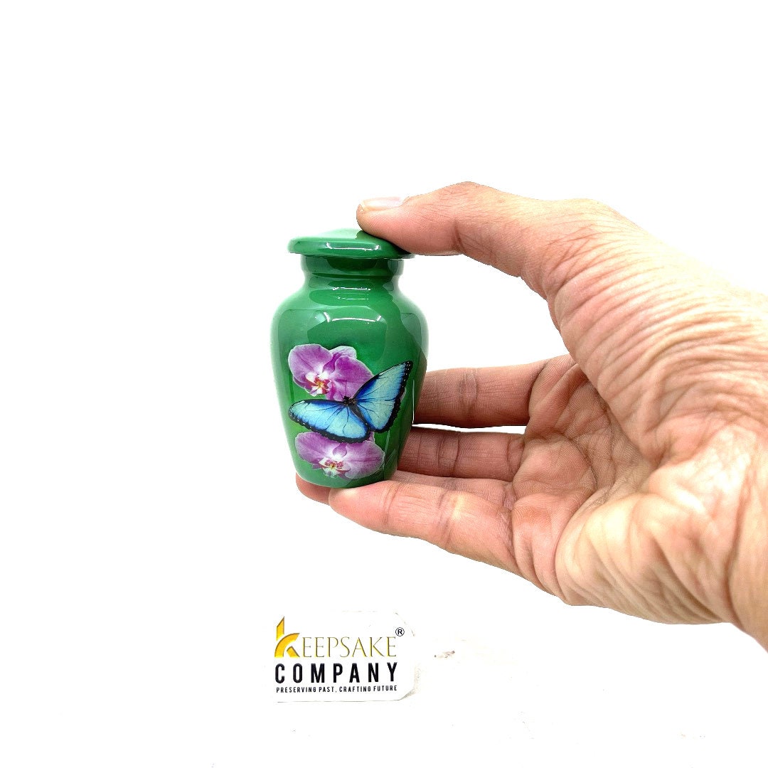 Small Urns for Ashes - Handcrafted Green Urn with Serene Blue Butterflies, Perfect Memorial Keepsake or Sympathy Gift, Mini Urn for Ashes