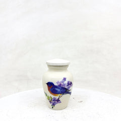 Small Urns for Ashes - Tranquil Seascape Small Urn for Ashes - Artistic White Vessel with Blue Bird Imagery, Thoughtful Remembrance Gift