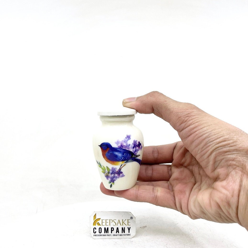 Small Urns for Ashes - Tranquil Seascape Small Urn for Ashes - Artistic White Vessel with Blue Bird Imagery, Thoughtful Remembrance Gift