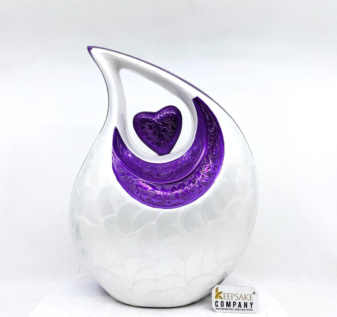 White with Purple Heart and Neck Cremation Urn - Personalized Urn Memorial Urn For Funeral - Urns For Human Ashes - Ash Urn - Urns for Ash