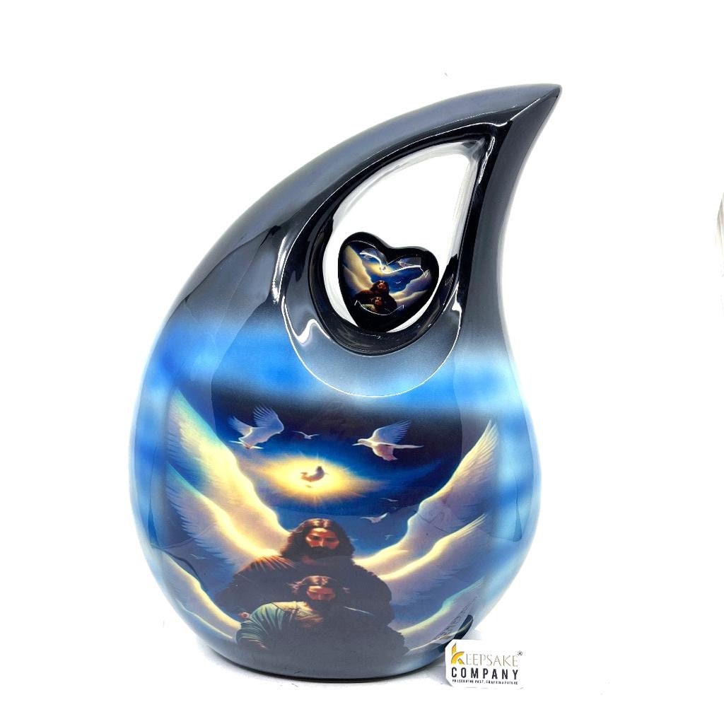 Extra Large  Adult Black Teardrop Cremation Urn with Beautiful Angels and Dove - Urn For Human Ashes - Memorial Urn - Personalized Urn