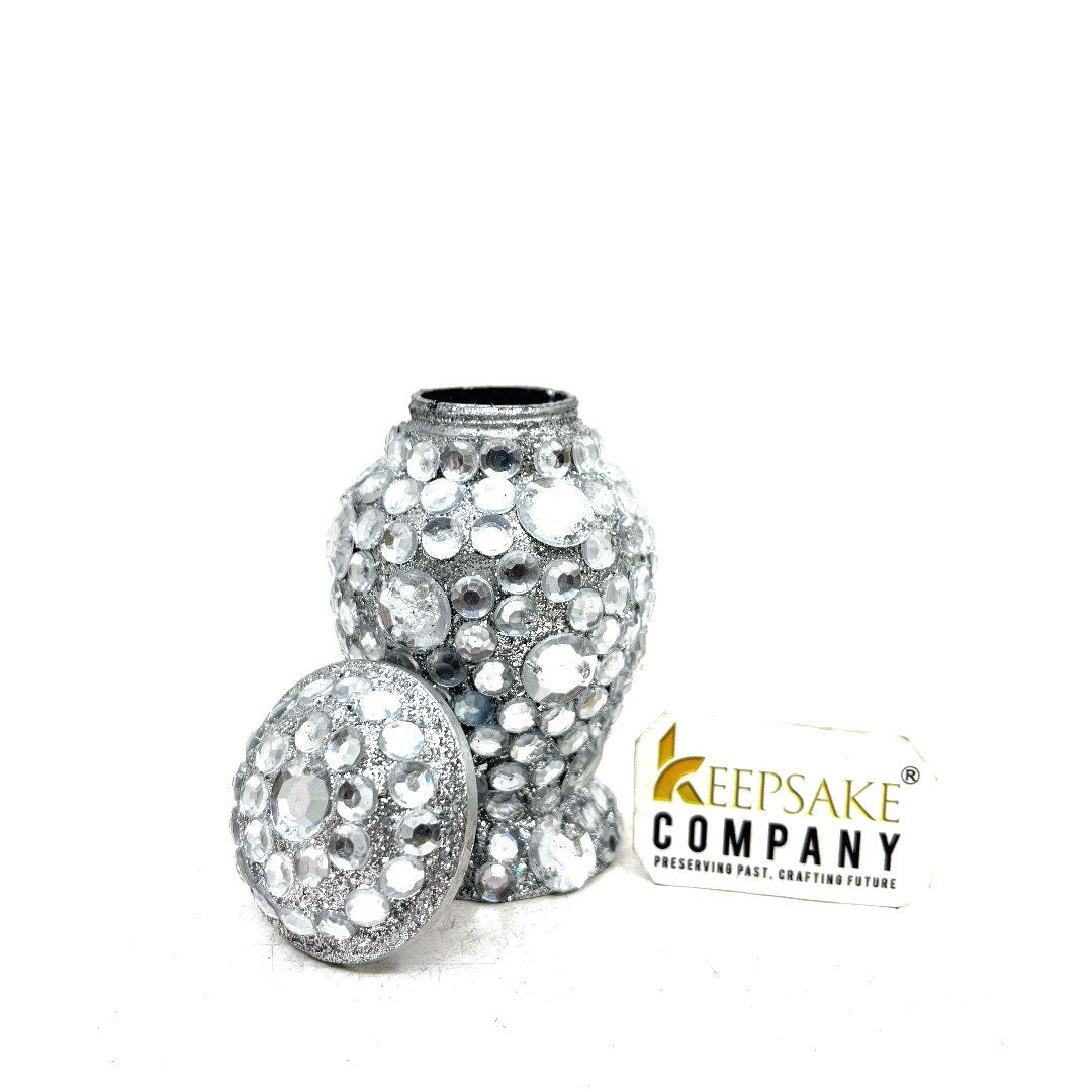 Elegant Small Urn for Ashes - Handcrafted Silver with Pearl Accents, White Mosaic Detail, Thoughtful Sympathy Gift from Keepsake Co.