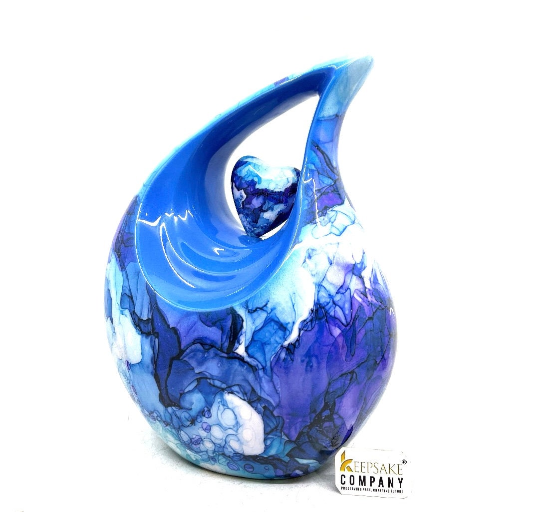 Tear Drop Urn for Ashes - Vibrant Aluminum Multicolor with Loving Heart Insert, Sympathy Gift, Ashes Holder, Urn for Human Ashes