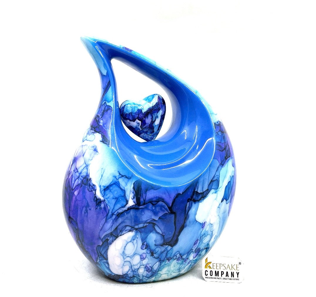 Tear Drop Urn for Ashes - Vibrant Aluminum Multicolor with Loving Heart Insert, Sympathy Gift, Ashes Holder, Urn for Human Ashes