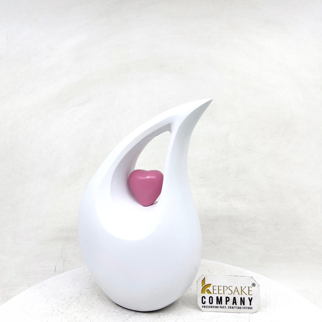 White matt Teardrop Cremation Urn  with Pink Heart in Medium size (6 Inches/ 15 centimeters) height - Urn for Human Ashes - Memorial Urn
