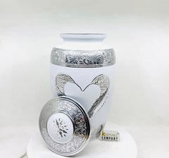 White Matte Cremation Urn for Human Ashes - Cremation Urn - Engraving bands - Memorial Urn - Urn for Ash - Keepsake Urn with Heart & Wings
