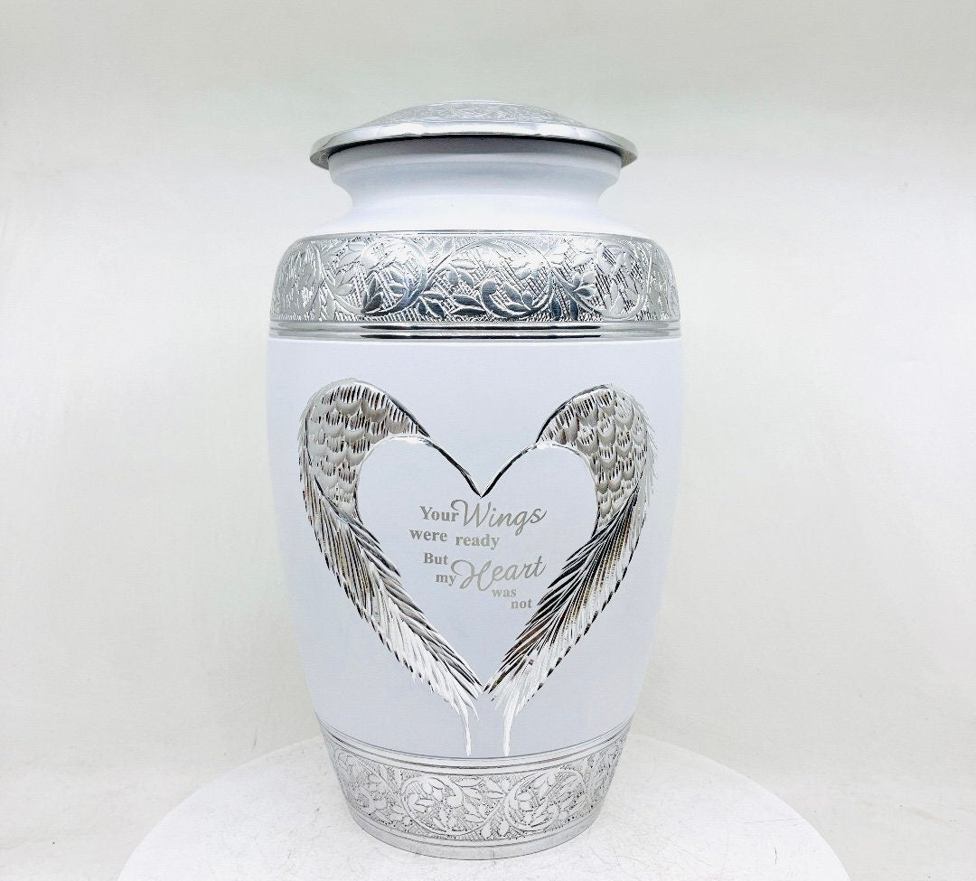 White Matte Cremation Urn for Human Ashes - Cremation Urn - Engraving bands - Memorial Urn - Urn for Ash - Keepsake Urn with Heart & Wings