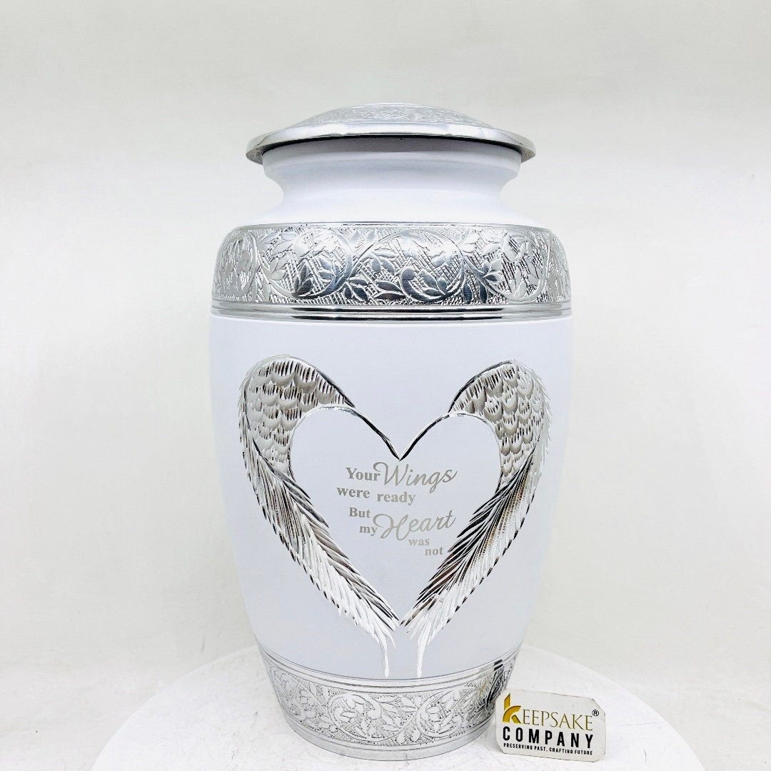 White Matte Cremation Urn for Human Ashes - Cremation Urn - Engraving bands - Memorial Urn - Urn for Ash - Keepsake Urn with Heart & Wings