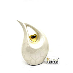 White Pearl Teardrop Medium Urns for Human Ashes With Golden Heart (6"/15 CM) height- Medium Urn - Decorative Urns -  From Keepsake Company