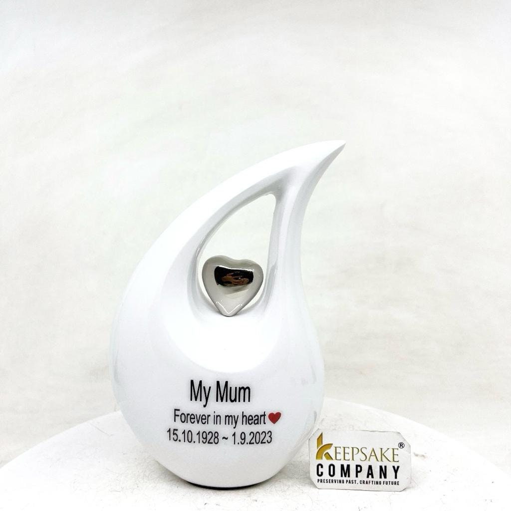White Glossy Teardrop metal Cremation Urn in Medium size (6 Inches/ 15 centimeters) height - Memorial Urn - Ash Urn - Urn for Ashes - Urns