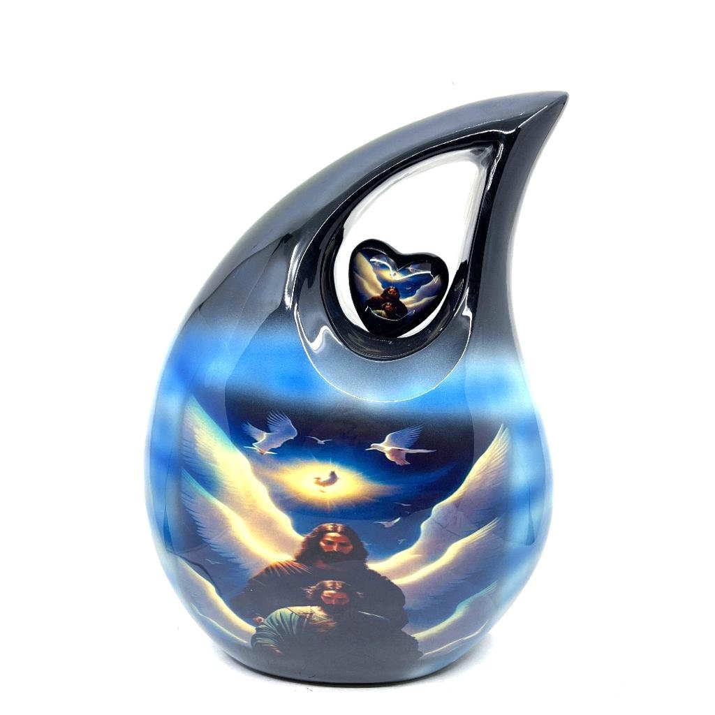 Extra Large  Adult Black Teardrop Cremation Urn with Beautiful Angels and Dove - Urn For Human Ashes - Memorial Urn - Personalized Urn