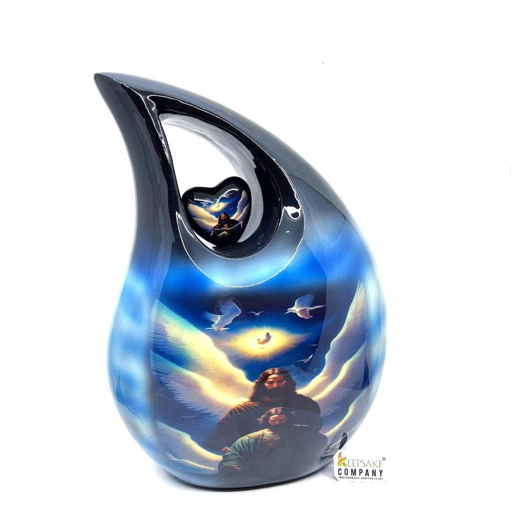 Extra Large  Adult Black Teardrop Cremation Urn with Beautiful Angels and Dove - Urn For Human Ashes - Memorial Urn - Personalized Urn