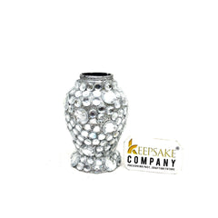 Elegant Small Urn for Ashes - Handcrafted Silver with Pearl Accents, White Mosaic Detail, Thoughtful Sympathy Gift from Keepsake Co.