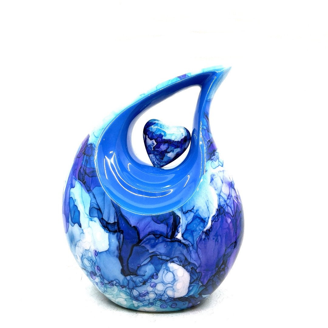 Tear Drop Urn for Ashes - Vibrant Aluminum Multicolor with Loving Heart Insert, Sympathy Gift, Ashes Holder, Urn for Human Ashes