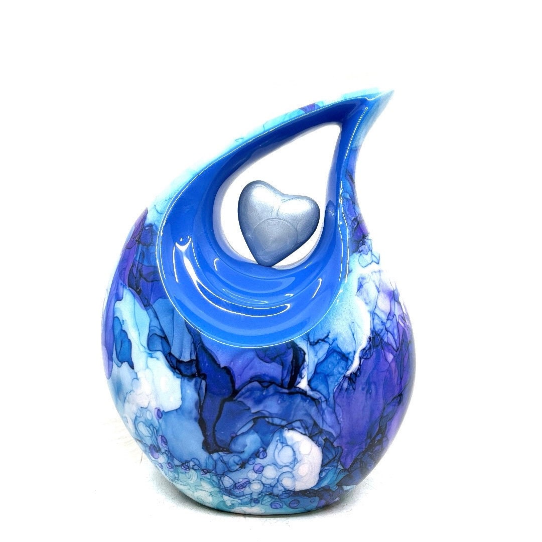 Tear Drop Urn for Ashes - Vibrant Aluminum Multicolor with Loving Heart Insert, Sympathy Gift, Ashes Holder, Urn for Human Ashes
