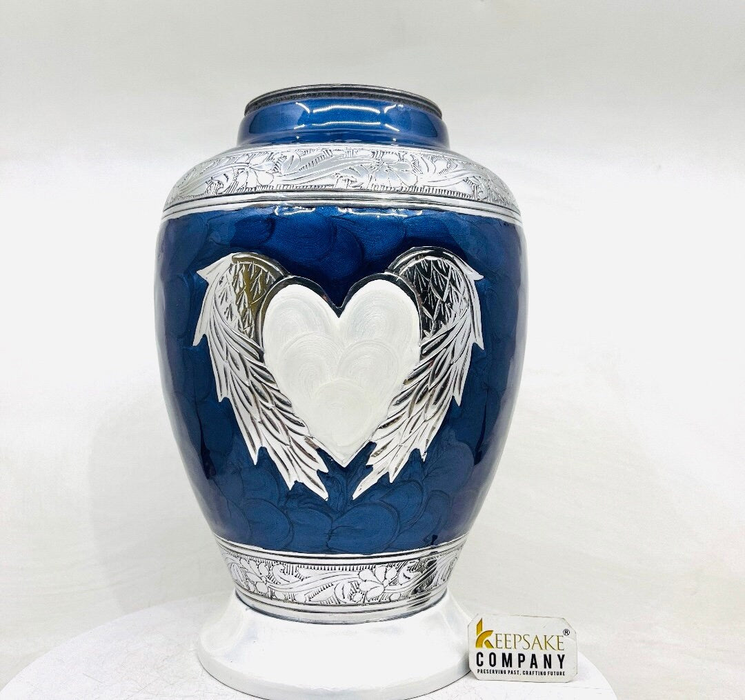 Blue White Cremation Urn for Ashes - Urns for Human Ashes  with Angel Wings and Heart - Urn - Urn - Funeral Urn - Memorial urn