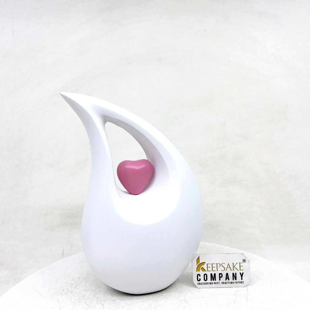 White matt Teardrop Cremation Urn  with Pink Heart in Medium size (6 Inches/ 15 centimeters) height - Urn for Human Ashes - Memorial Urn