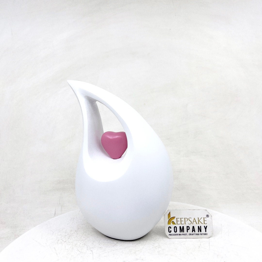 White matt Teardrop Cremation Urn  with Pink Heart in Medium size (6 Inches/ 15 centimeters) height - Urn for Human Ashes - Memorial Urn
