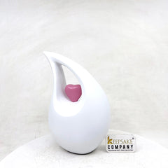 White matt Teardrop Cremation Urn  with Pink Heart in Medium size (6 Inches/ 15 centimeters) height - Urn for Human Ashes - Memorial Urn