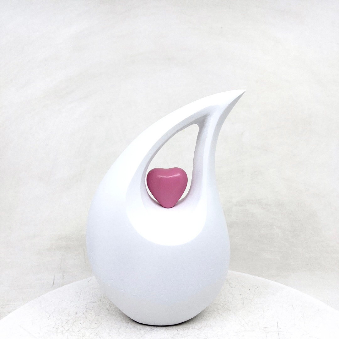 White matt Teardrop Cremation Urn  with Pink Heart in Medium size (6 Inches/ 15 centimeters) height - Urn for Human Ashes - Memorial Urn