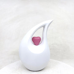 White matt Teardrop Cremation Urn  with Pink Heart in Medium size (6 Inches/ 15 centimeters) height - Urn for Human Ashes - Memorial Urn