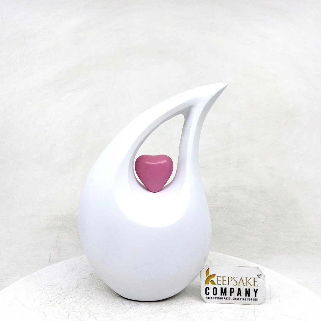 White matt Teardrop Cremation Urn  with Pink Heart in Medium size (6 Inches/ 15 centimeters) height - Urn for Human Ashes - Memorial Urn