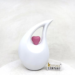 White matt Teardrop Cremation Urn  with Pink Heart in Medium size (6 Inches/ 15 centimeters) height - Urn for Human Ashes - Memorial Urn