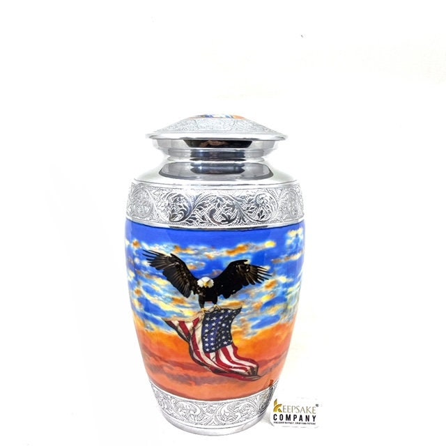 Patriotic USA Flag Adult Cremation Urn for Human Ashes - Cremation Urn - Engraving bands - Memorial Urn - Urn for Ash - Keepsake Urn