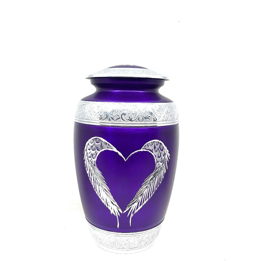 Purple Matte Cremation Urn for Human Ashes - Cremation Urn - Engraving bands - Memorial Urn - Urn for Ash - Keepsake Urn with Heart & Wings