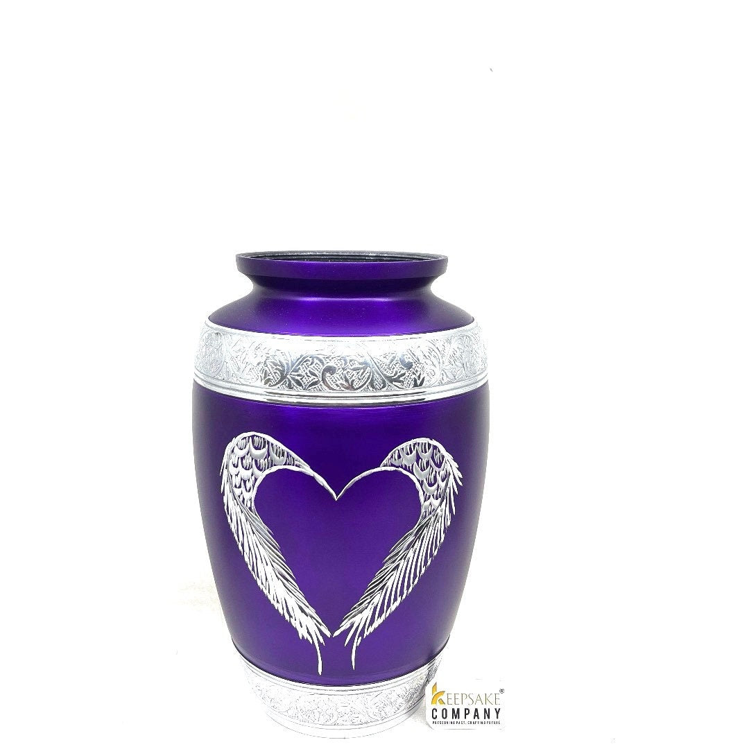 Purple Matte Cremation Urn for Human Ashes - Cremation Urn - Engraving bands - Memorial Urn - Urn for Ash - Keepsake Urn with Heart & Wings