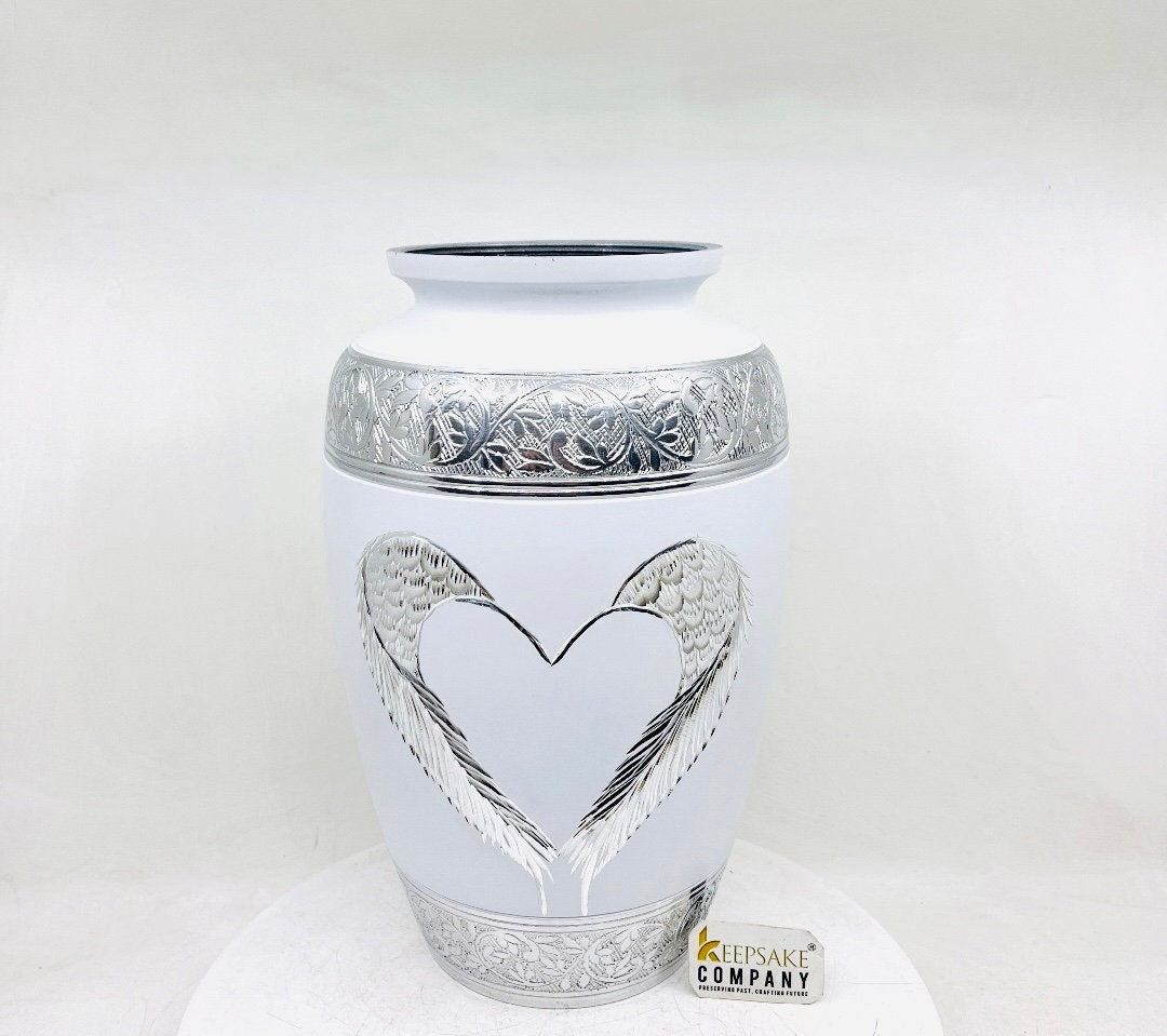 White Matte Cremation Urn for Human Ashes - Cremation Urn - Engraving bands - Memorial Urn - Urn for Ash - Keepsake Urn with Heart & Wings