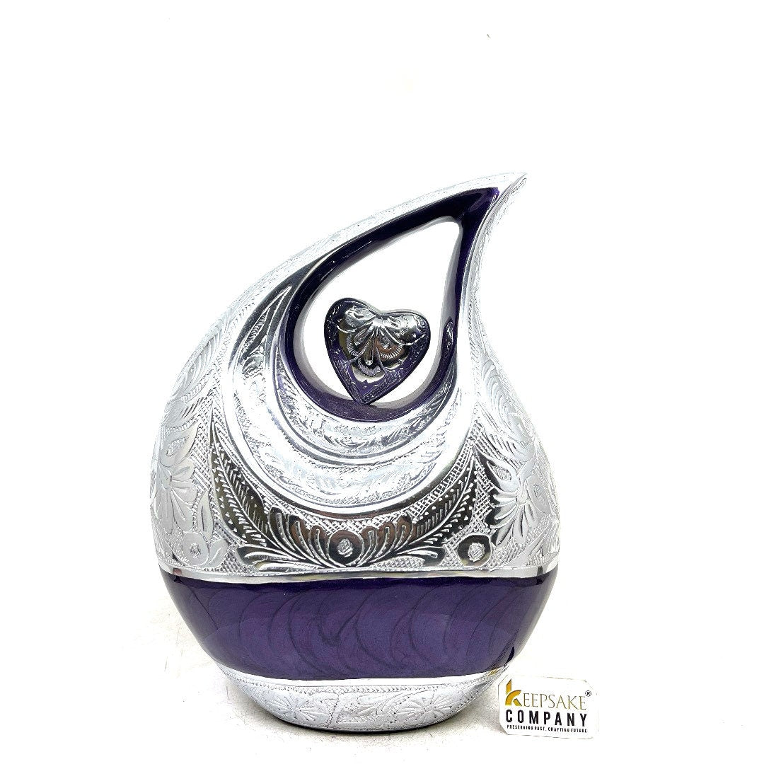 Fully Engraved Cremation Urn with Purple Enamel Neck - Personalized Cremation Urn - Urn For Memorial - Urn For Funeral - Urns For Human Ash