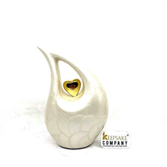 White Pearl Teardrop Medium Urns for Human Ashes With Golden Heart (6"/15 CM) height- Medium Urn - Decorative Urns -  From Keepsake Company
