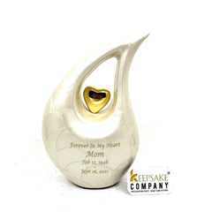 White Pearl Teardrop Medium Urns for Human Ashes With Golden Heart (6"/15 CM) height- Medium Urn - Decorative Urns -  From Keepsake Company