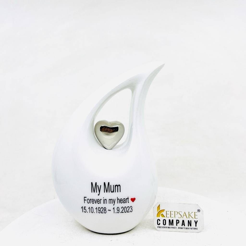White Glossy Teardrop metal Cremation Urn in Medium size (6 Inches/ 15 centimeters) height - Memorial Urn - Ash Urn - Urn for Ashes - Urns