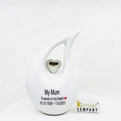 White Glossy Teardrop metal Cremation Urn in Medium size (6 Inches/ 15 centimeters) height - Memorial Urn - Ash Urn - Urn for Ashes - Urns