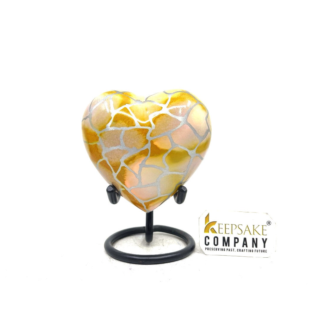 Heart Shaped Urn in Yellow clouded Design with Stand for Human Ashes - Small Urn - Mini Urn - Heart Urn - Memorial Urn - Tiny Urn - Pet Urn