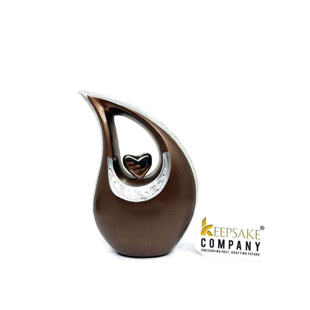 Brown teardrop mini Cremation Urn with Silver Heart - Small Urn For Ashes - Miniature Keepsake Urn - Funeral Urn - Memorial Urn