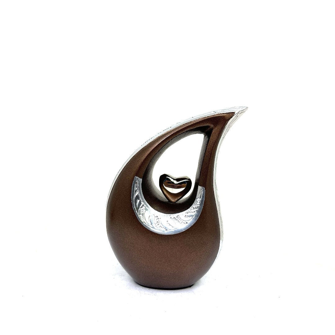 Brown teardrop mini Cremation Urn with Silver Heart - Small Urn For Ashes - Miniature Keepsake Urn - Funeral Urn - Memorial Urn